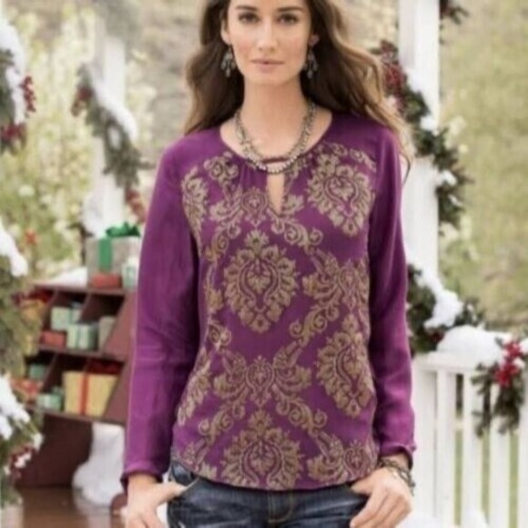 Sundance Blouse Renaissance Embroidered Silk Top Purple Gold Mixed Textures Sz M - Picture 15 of 15